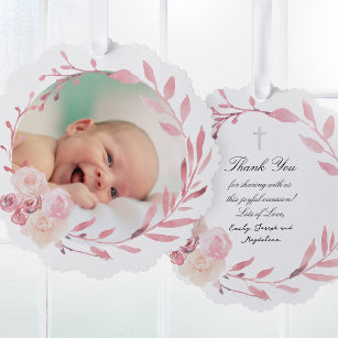 pink watercolor frame Baptism thank you  Tree Decoration Card