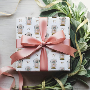 Pink Watercolor Front Door Wreath Bow Holiday Wrapping Paper