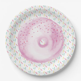 Pink Watercolor Frosted Doughnut and Sprinkles Paper Plate
