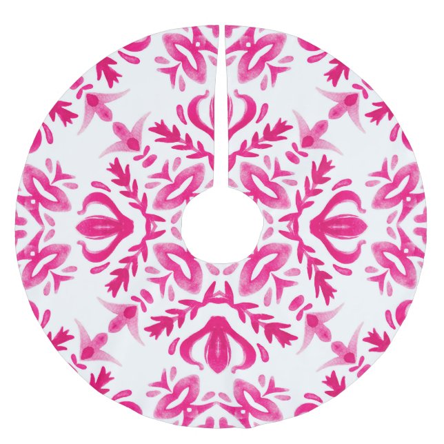 Pink watercolor: geometric tile design. brushed polyester tree skirt (Front)