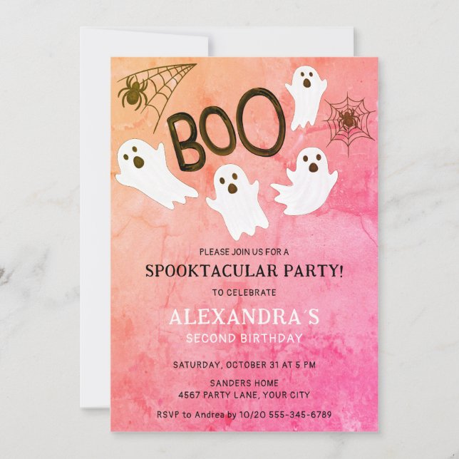 PINK WATERCOLOR GHOST HALLOWEEN BIRTHDAY PARTY INVITATION (Front)