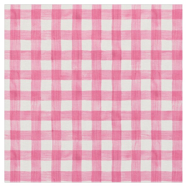 Pink Watercolor Gingham Fabric (Close Up)