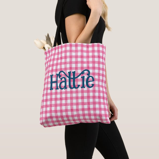 Pink Watercolor Gingham Personalised Tote Bag (Close Up)