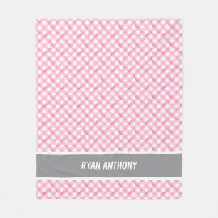 Pink Watercolor Gingham Plaid Chequered Girls Name Fleece Blanket