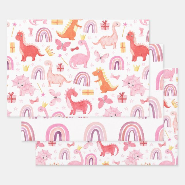 Pink Watercolor Girl Dinosaurs Boho Rainbows Wrapping Paper Sheet (Set)