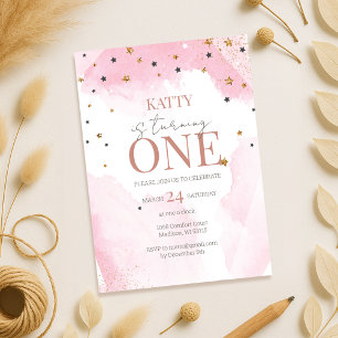 Pink Watercolor Glitter 1st Birthday Invitation 