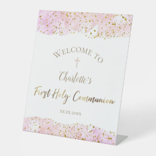 pink watercolor glitter   First Communion Pedestal Sign