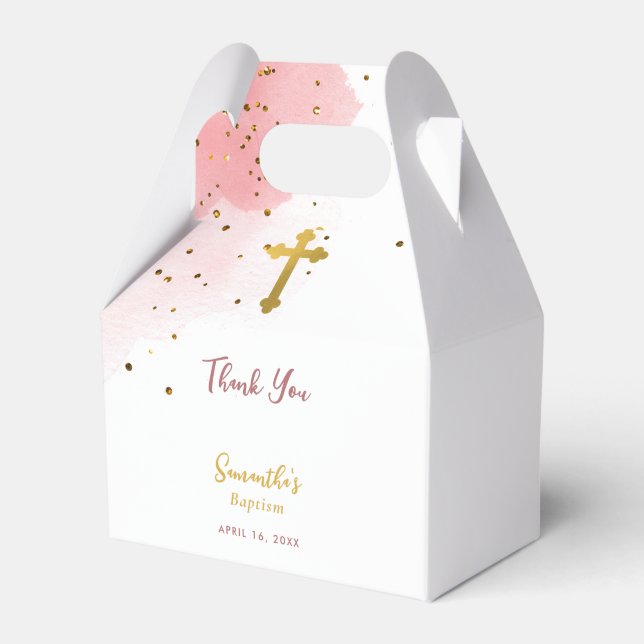 Pink Watercolor Glitter Gold Cross Baptism Girl  Favour Box (Front Side)