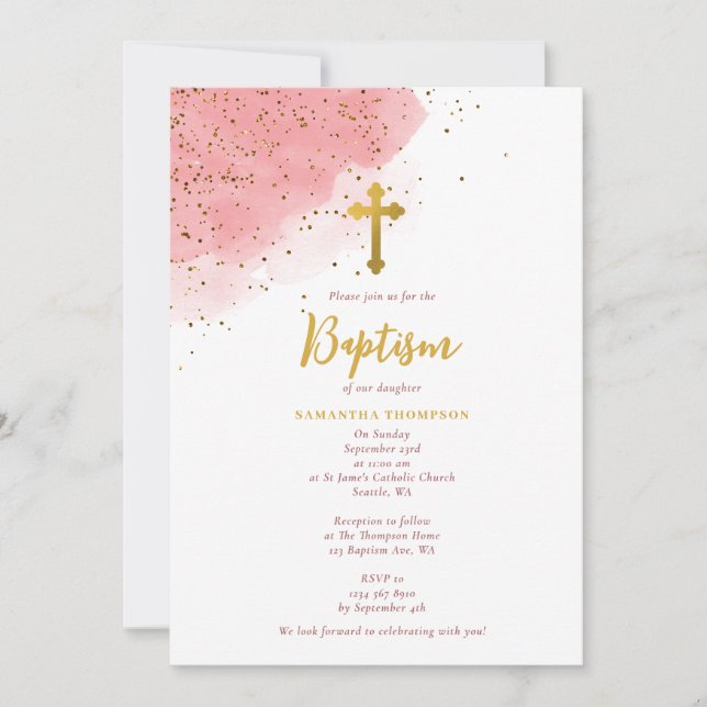 Pink Watercolor Glitter Gold Cross Baptism Girl Invitation (Front)