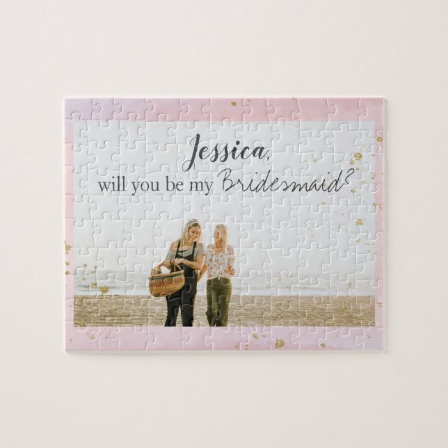 Pink Watercolor Gold Bridesmaid Proposal Photo Jigsaw Puzzle (Horizontal)