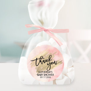 Pink Watercolor Gold Brush Stroke Baby Shower Classic Round Sticker