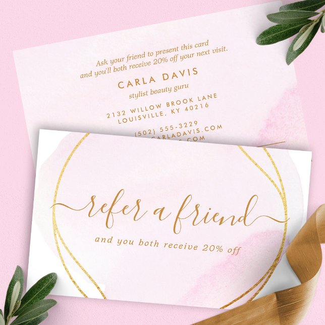 Pink Watercolor Gold Circle Modern Referral Card (Creator Uploaded)