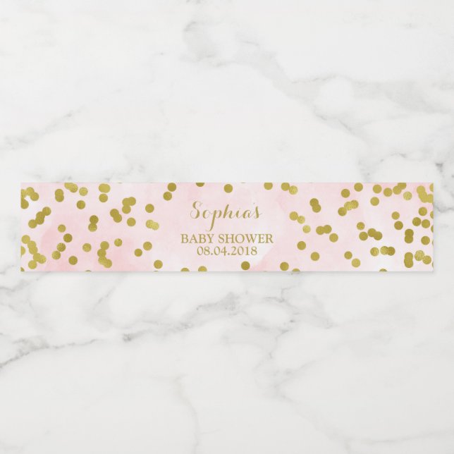 Pink Watercolor Gold Confetti Baby Shower Water Bottle Label (Single Label)
