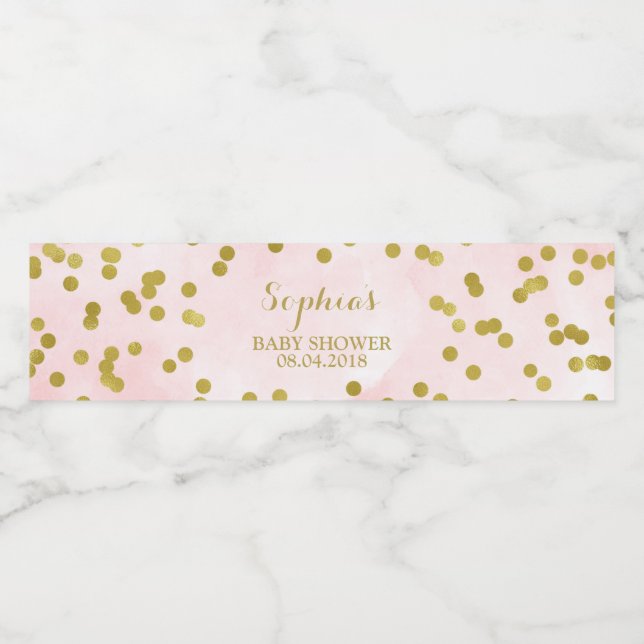 Pink Watercolor Gold Confetti Baby Shower Water Bottle Label (Single Label)