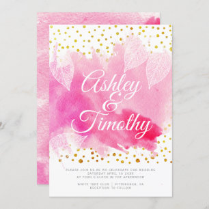 Pink watercolor, gold confetti calligraphy wedding invitation