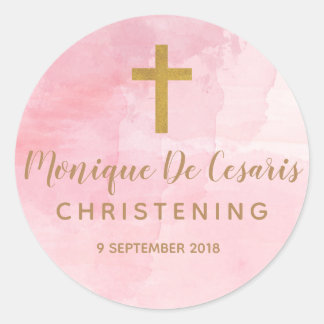 Pink Watercolor Gold Cross Christening sticker