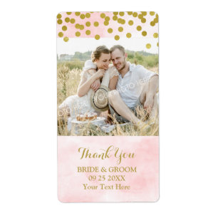 Pink Watercolor Gold Dots Photo Wedding Label
