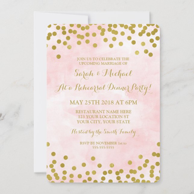Pink Watercolor Gold Dots Rehearsal Dinner Party Invitation (Back)