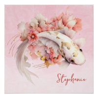 Pink Watercolor Gold Koi Fish Floral Personalised