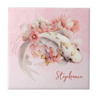Pink Watercolor Gold Koi Fish Floral Personalised Tile