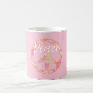 Pink Watercolor Gold Peace Sign Heart Coffee Mug