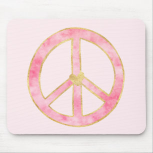 Pink Watercolor Gold Peace Sign Heart Mouse Pad