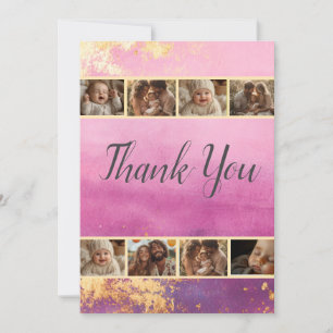 Pink Watercolor & Gold Photo Thank You Card