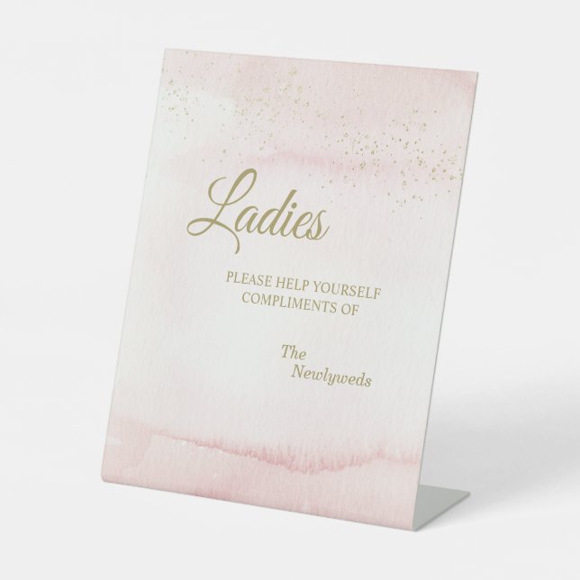 Pink Watercolor Gold Type Wedding Ladies Bathroom Pedestal Sign (Front)