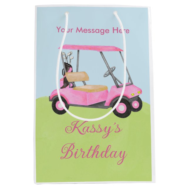 Pink Watercolor Golf Cart Name Message Medium Gift Bag (Front)