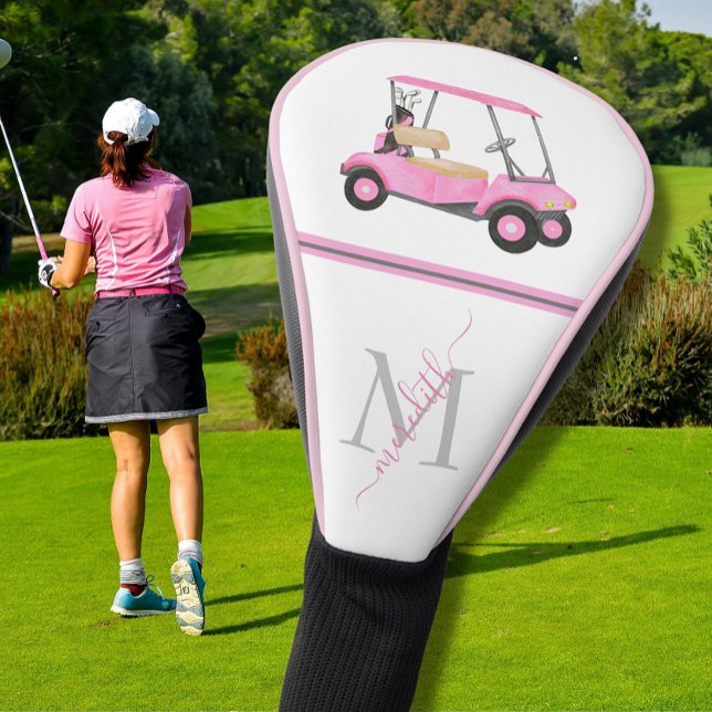 Pink Watercolor Golf Cart Name Monogram Golf Head Cover (Creator Uploaded)