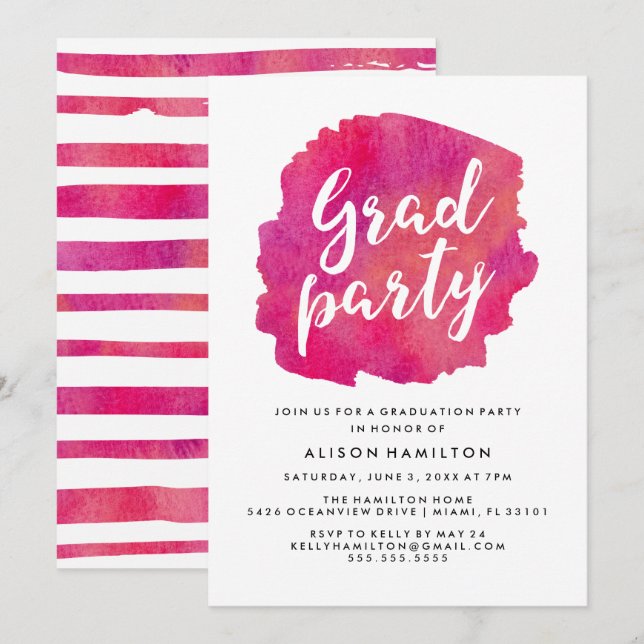 Pink Watercolor Graduation Party Invitation (Front/Back)