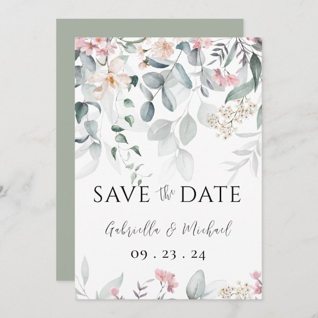Pink Watercolor Greenery Wedding Save The Date (Front/Back)