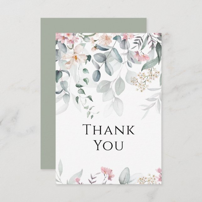 Pink Watercolor Greenery Wedding Thank You Card (Front/Back)