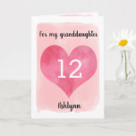 Pink Watercolor Heart 12th Birthday Granddaughter Card<br><div class="desc">A personalised pink 12th birthday card for granddaughter that features watercolor heart against pink watercolor. You can personalise the heart with the age you need and add her name underneath the heart. The inside message can be easily edited if wanted. The back of the card says Happy Birthday, which can...</div>