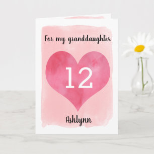 Pink Watercolor Heart 12th Birthday Granddaughter Card