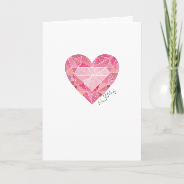 Pink Watercolor Heart Gem Mr&Mrs Congratulations Card (Front)