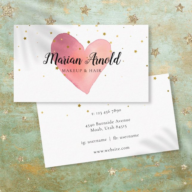 Pink Watercolor Heart Gold Stars Business Card (Creator Uploaded)