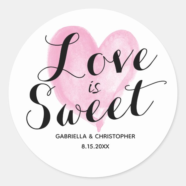 Pink Watercolor Heart Love is Sweet Classic Round Sticker (Front)