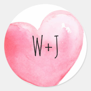 Pink Watercolor Heart Monogram Wedding Classic Round Sticker