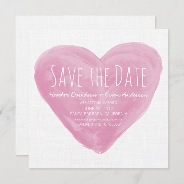 Pink Watercolor Heart Save the Date Invite (Front/Back)