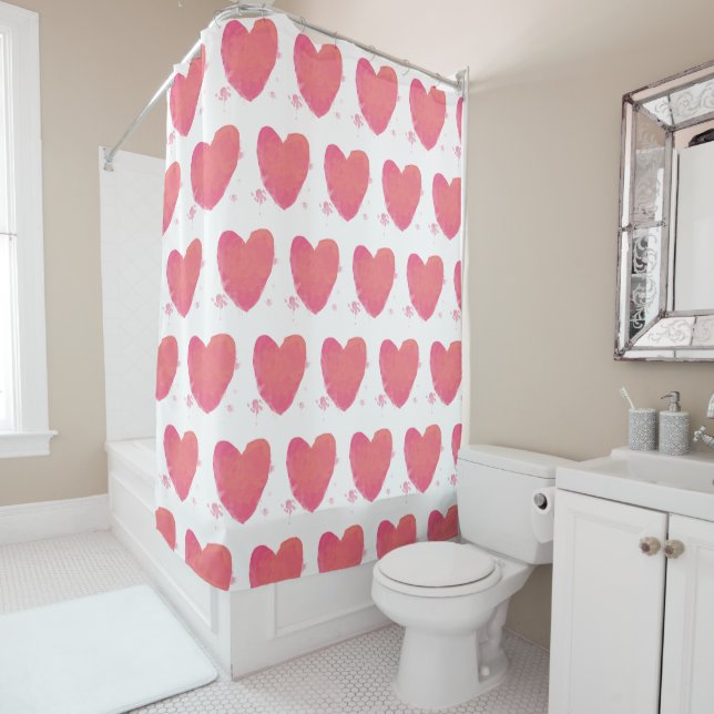 Pink Watercolor Heart Shower Curtain (In Situ)