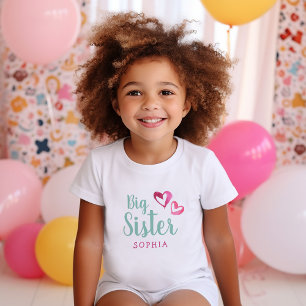 Pink Watercolor Hearts Big Sister Name Monogram To Toddler T-Shirt