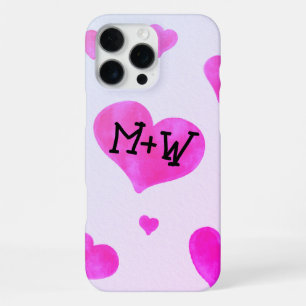 Pink watercolor hearts Custom Couple name initials iPhone 16 Pro Max Case