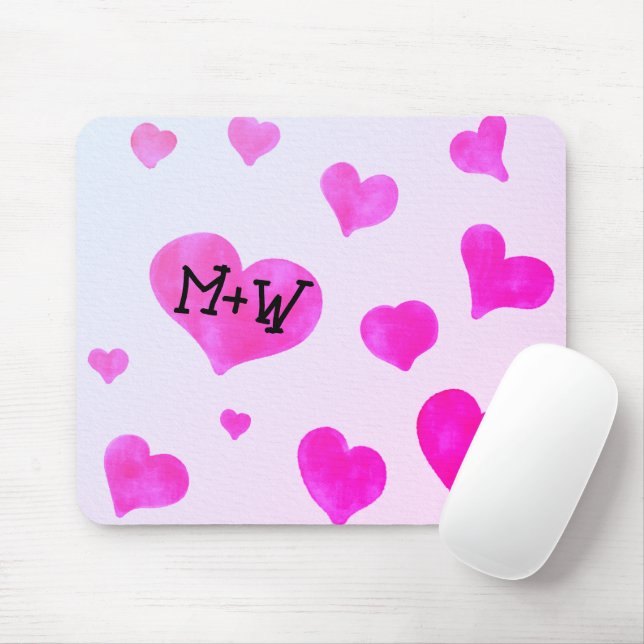 Pink watercolor hearts Custom Couple name initials Mouse Pad (With Mouse)