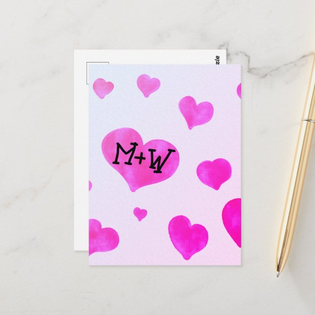 Pink watercolor hearts Custom Couple name initials Postcard (Front/Back In Situ)