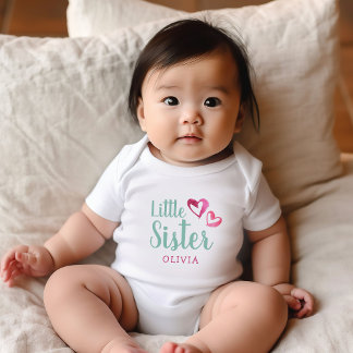 Pink Watercolor Hearts Little Sister Name Monogram Baby Bodysuit