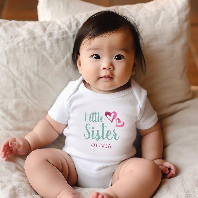 Pink Watercolor Hearts Little Sister Name Monogram Baby Bodysuit (Creator Uploaded)