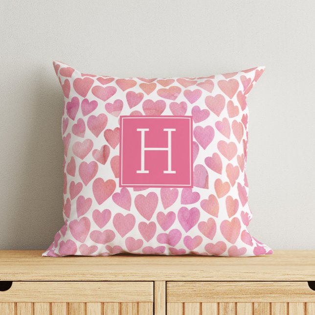 Pink Watercolor Hearts Monogrammed Cushion (Creator Uploaded)