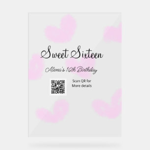Pink watercolor hearts QR Sweet sixteen birthday Acrylic Sign