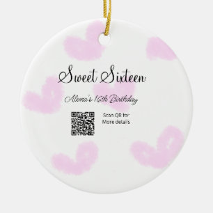 Pink watercolor hearts QR Sweet sixteen birthday Ceramic Tree Decoration